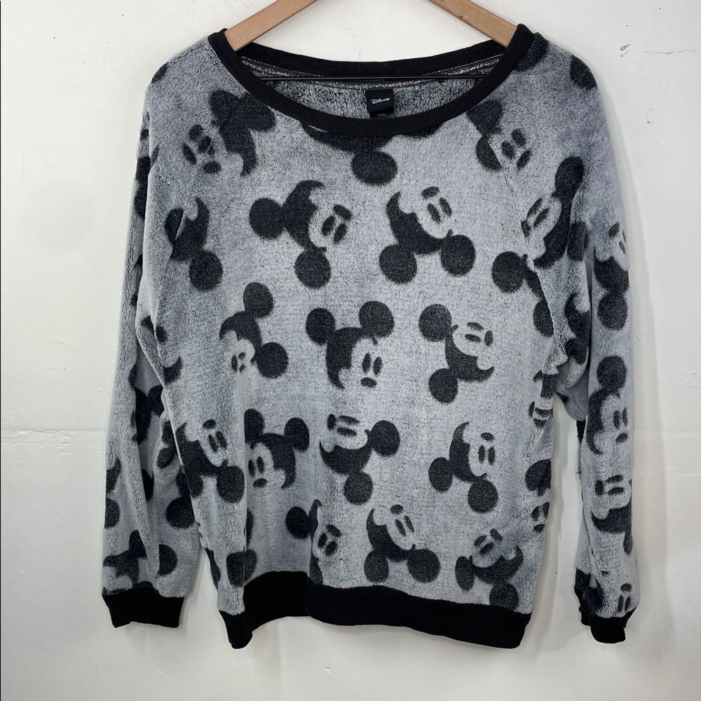 Disney Mickey Mouse Print Velour Crewneck Sweater Top Size L Grey Fleece Warm